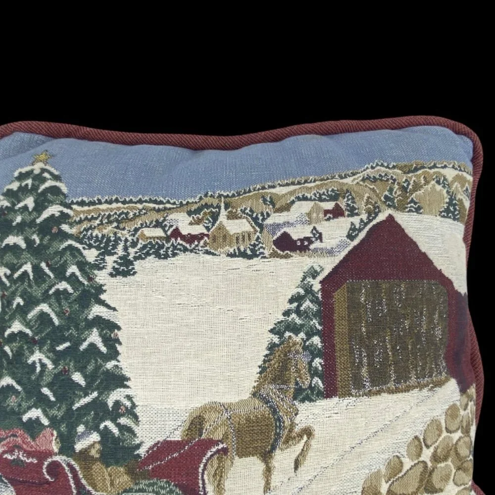 CHRISTMAS THROW PILLOWS -- Set of 2, Classic Santa/Winter Sleigh Scene, Vintage